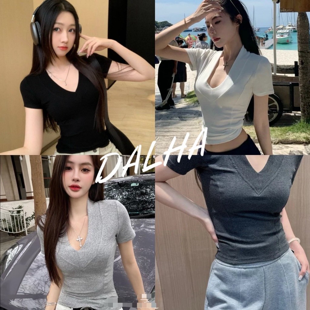 เสื้อคอวี แขนสั้น สไตล์สลิมฟิต สไตล์ญี่ปุ่น พรางหุ่น สีพื้น