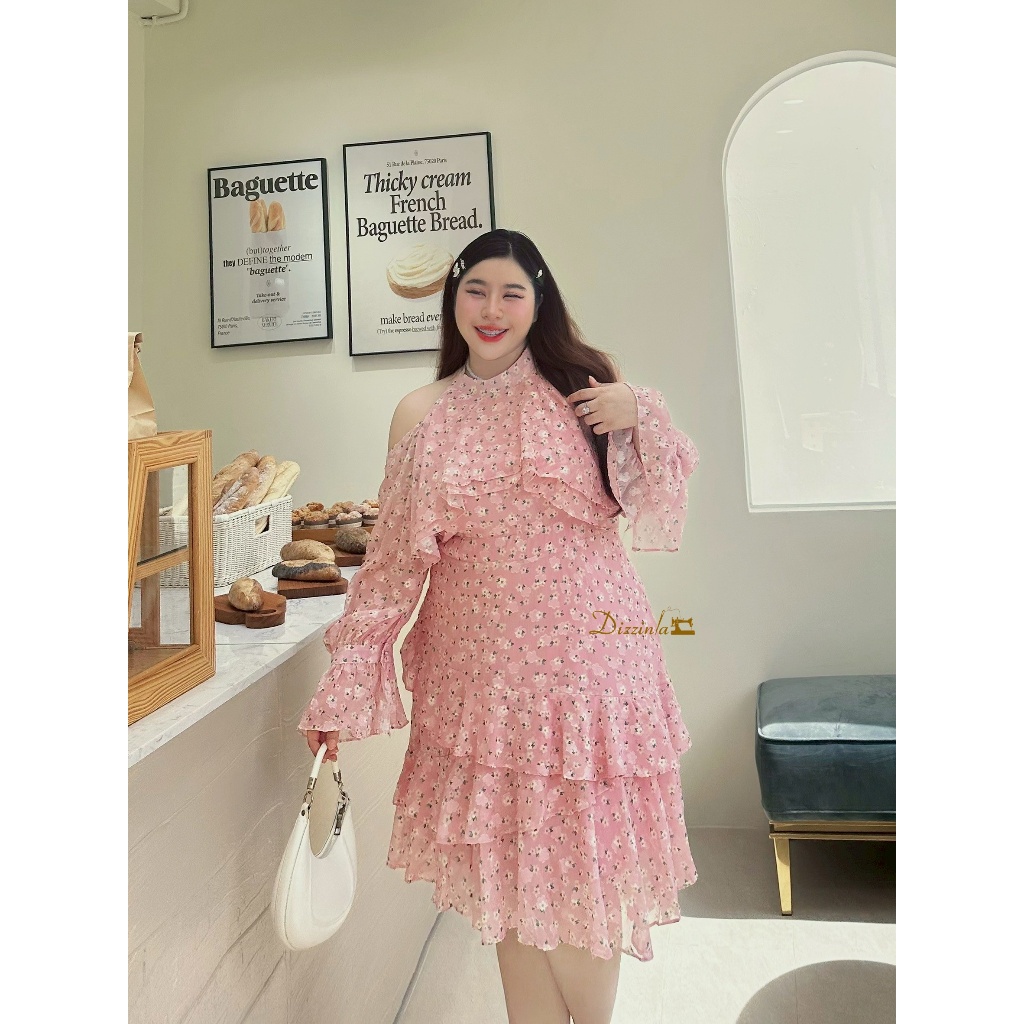 Dz329-เดรสเว้าไหล่พิมพ์ลายดอกไม้สีชมพู - รูปที่ 2