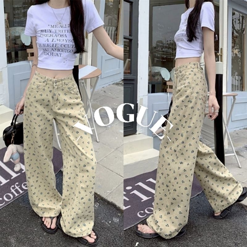 Vogue🌟พร้อมส่ง🌟 กางเกงขายาว สีกากี เอวสูง ลายดอกไม้ ทรงพอดี (NZ1872)