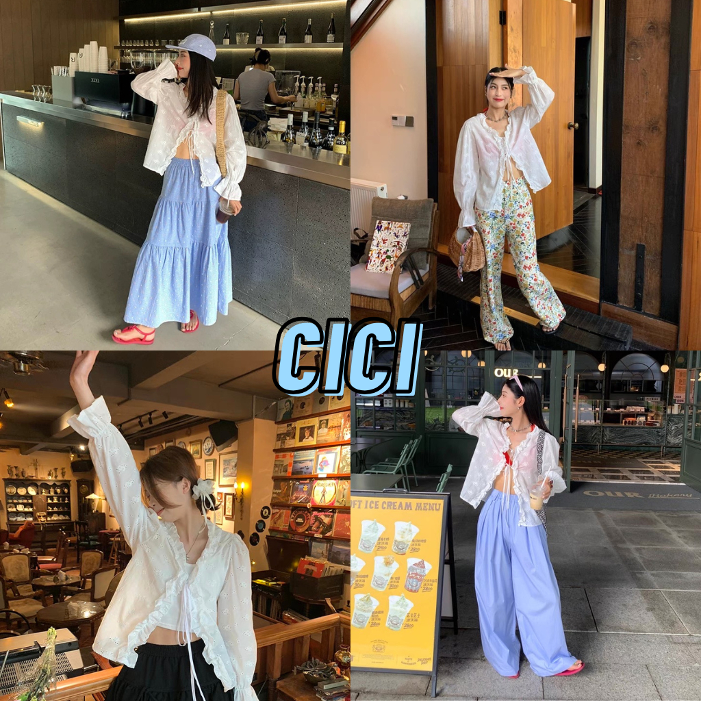 ส่งทันที Cici(NO. 3370) เสื้อแขนยาวระบายแต่งลายฉลุ ผูกโบว์ด้านหน้า ใส่คลุมได้ ผ้าฝ้าย สม็อคตรงข้อมือ ใส่สบาย