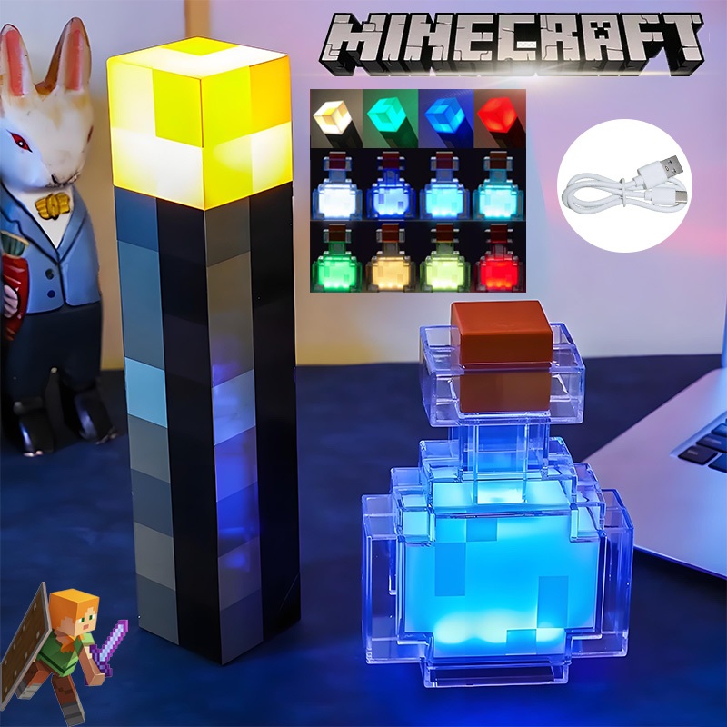 Minecraft โคมไฟตั้งโต๊ะ LED เรืองแสงในที่มืด 8สี ขวดน้ำยา USB ของขวัญปาร์ตี้ โลกของฉันเปลี่ยนสีขวด