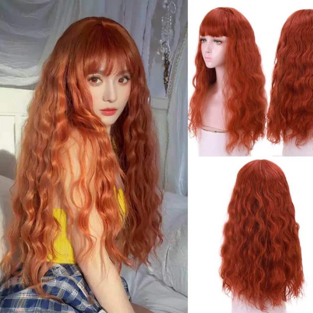 【new】วิกผมสีส้ม วิกผมหยักศก พร้อมหน้าม้า สําหรับผู้หญิง คอสเพลย์ ปาร์ตี้ วิกผมทนความร้อน วิกผมผู้หญิง
