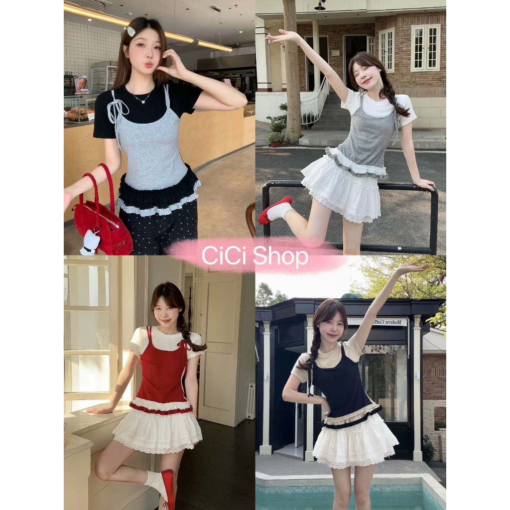 Cicishop(1109) เสื้อตัวยาว ผ้าเรยอน ดีเทลเย็บติดกัน แต่งระบายด้านล่าง สไตล์สาวน่ารักCute
