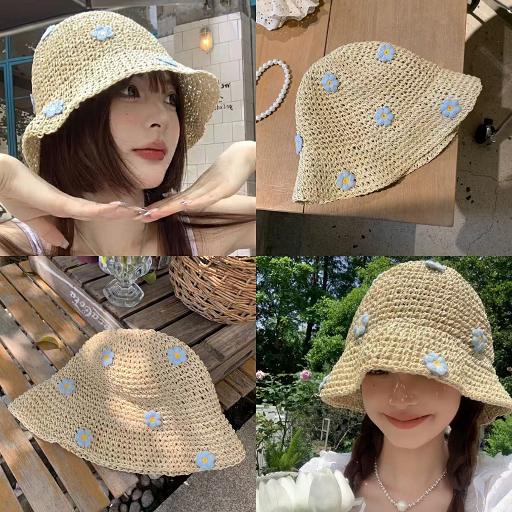 หมวกบักเก็ต หมวกกันแดด การทอผ้า ป้องกันแสงแดด🌼 ลายดอกไม้ summer ไปทะเล⛱️
