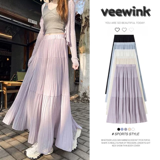 Veewink พร้อมส่งจากกทม กระโปรงA กระโปรงจีบ กระโปรงยาวสีขาวพื้นเอวยางยืดมีซับใน
