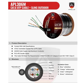 APOLLO สายแลน CAT6 UTP รุ่น APL306-M Lan Cable Outdoor + Messeger wire สำหรับใช้ภายนอก 305m