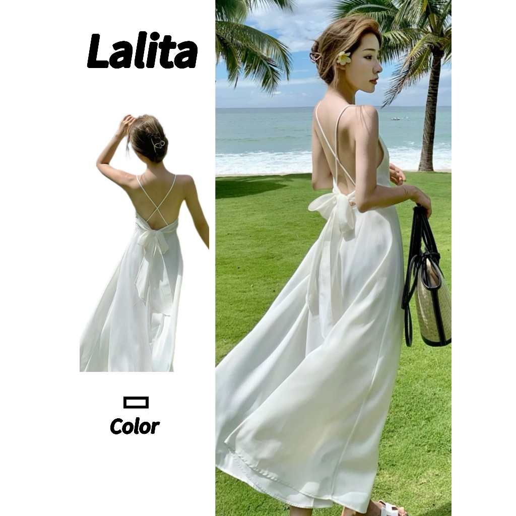 Lalita 🎀เดรสออกงาน🔥  สีพื้น ชุดเดรสสไตล์เกาหลีเรียบง่าย  เดรสขาวคอวีเว้าหลังเซ็กซี่สไตล์วันหยุด