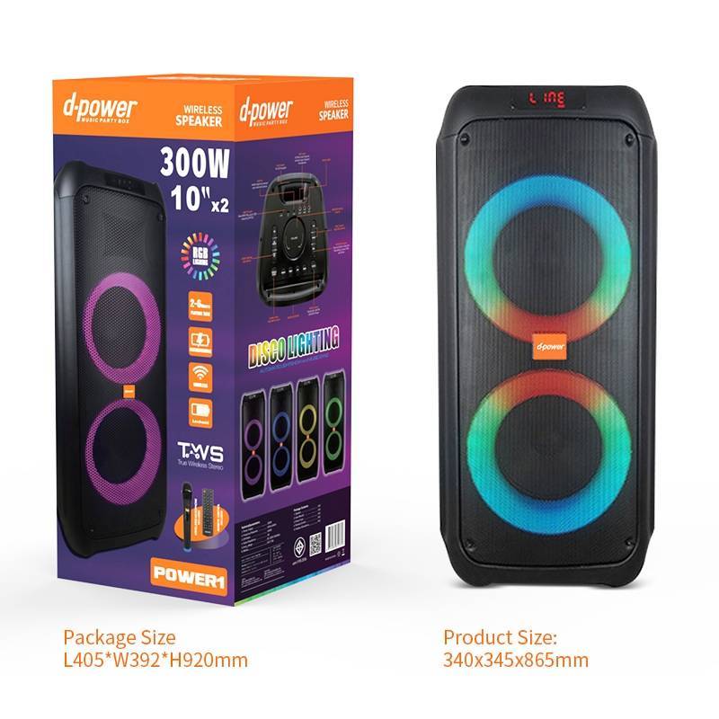 [ผ่อน0%] d-power POWER1 ลำโพง Party Box 300W RGB ดอก10นิ้วx2 ล้อลาก ไมค์ลอย ฟรี ประกัน1ปี