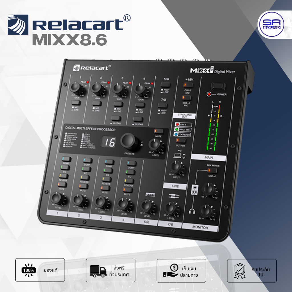 Relacart MIXX8.6 Digital Mixer มิกเซอร์ ดิจิตอล 8CH 16 เอฟเฟค มี USB อินเตอร์เฟส สำหรับการ ถ่ายทอดสด สตรีมมิ่ง MIXX 8.6
