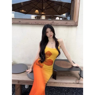 Cicishop(Y6269) เดรสยาวสีเหลืองอมส้ม สายปรับได้ ผ้าซีทรูมีซับใน พิมพ์ลายดอกข้างตัว สไตล์สาวฮาวาย