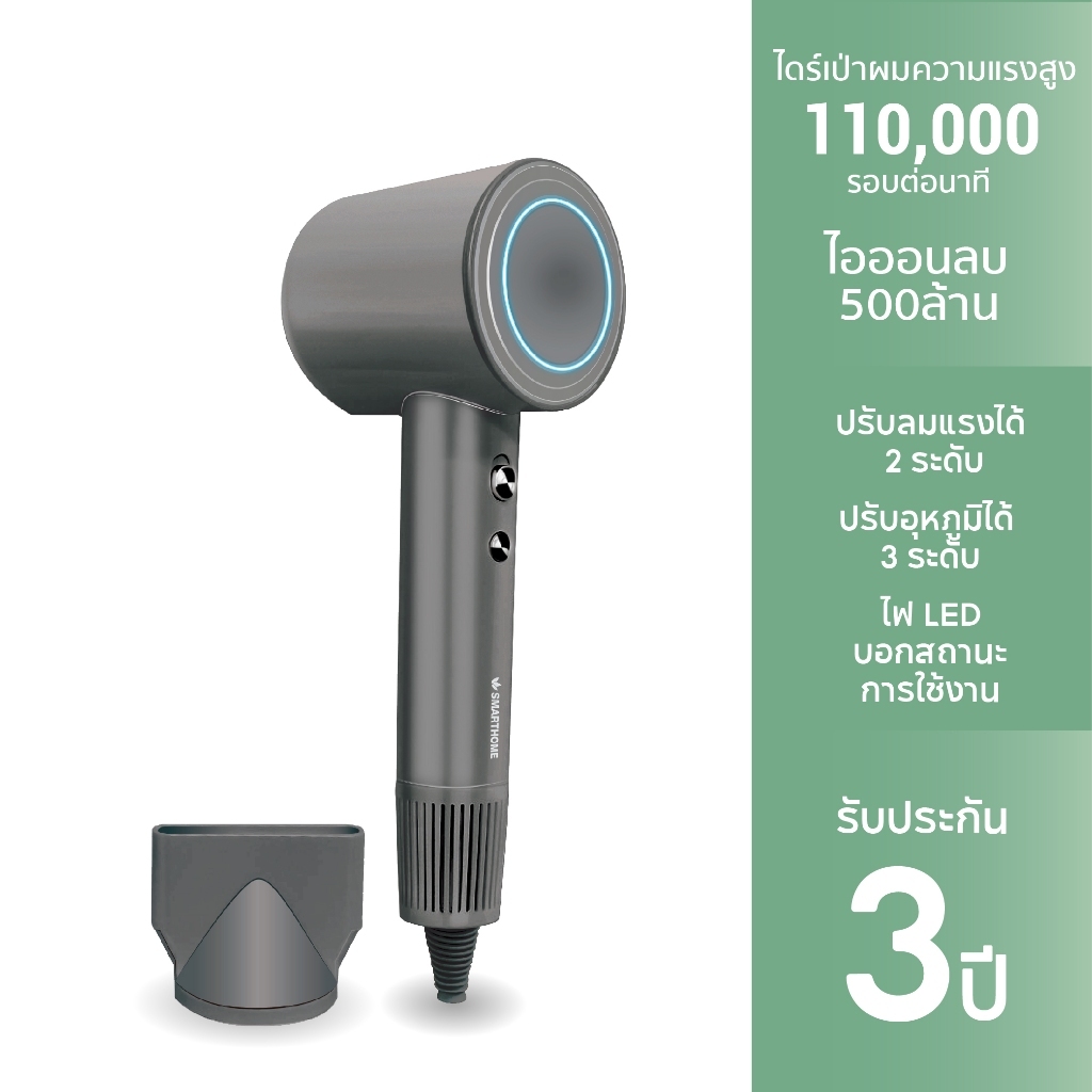 SMARTHOME Hair Dryer 1600วัตต์ ไดร์เป่าผม ไดร์เป่าผมความแรงสูง มีไอออนลบ ลดผมชี้ฟู แห้งเร็ว รุ่น SHD