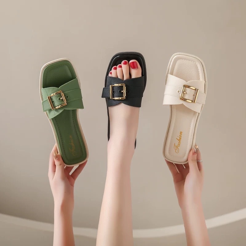 home..fashion รองเท้าแตะแฟชั่น แบบสวม ส้นแบน สายเข็มขัด พื้นเรียบ ใส่สบาย พร้อมส่ง S-199