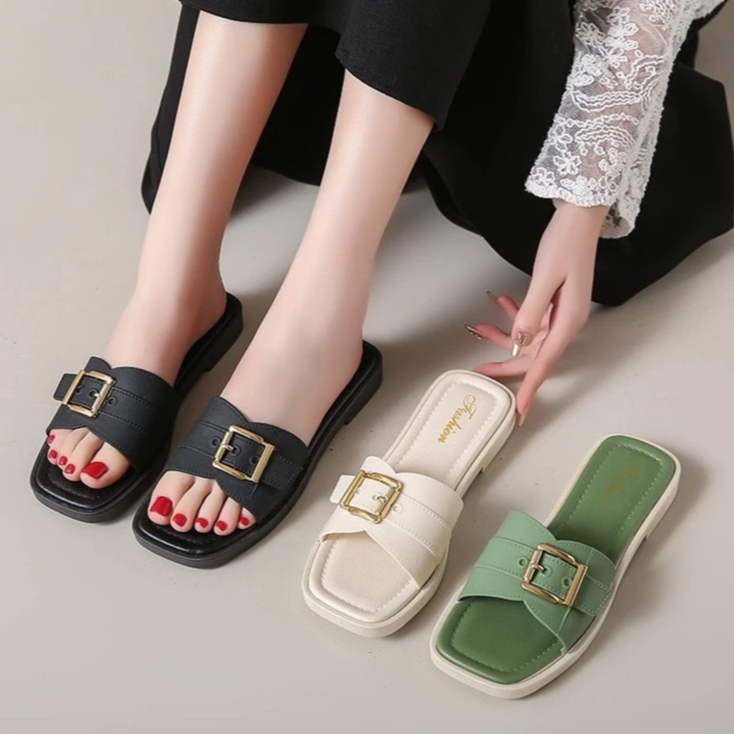 home..fashion รองเท้าแตะแฟชั่น แบบสวม ส้นแบน สายเข็มขัด พื้นเรียบ ใส่สบาย พร้อมส่ง S-199