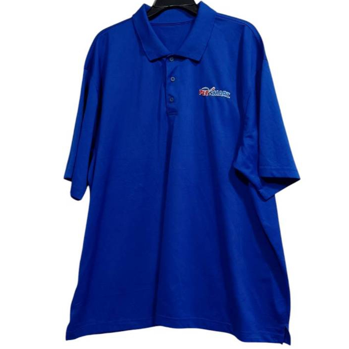 PETSMART  เสื้อแขนสั้น คอปก มีกระดุม ผ้ากีฬา เพ็ทสมาร์ท สีน้ำเงิน อกหน้าผ้า 60" มือสอง มีตำหนิภาพสุด