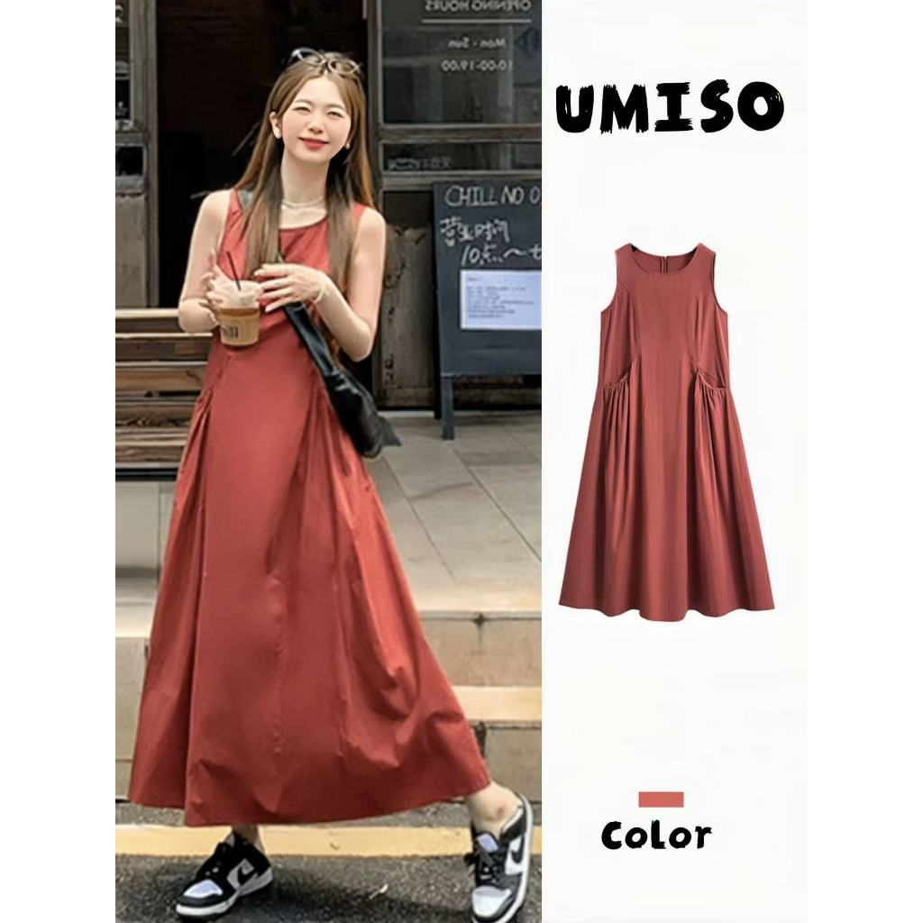 UMISO ชุดเดรสยาว เดรสคอกลม เดรสแขนกุด ชุดเที่ยวทะเล เนื้อผ้าใส่สบาย เดรสทรงหลวม