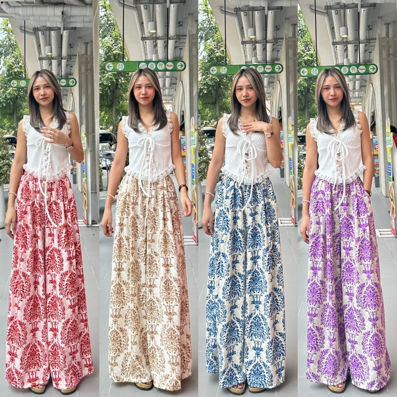 กางเกงกระโปรงลายกนก(เอว24-38 ผ้าไหมญี่ปุ่น ผ้าบางเบา ใส่สบาย ทิ้งตัว