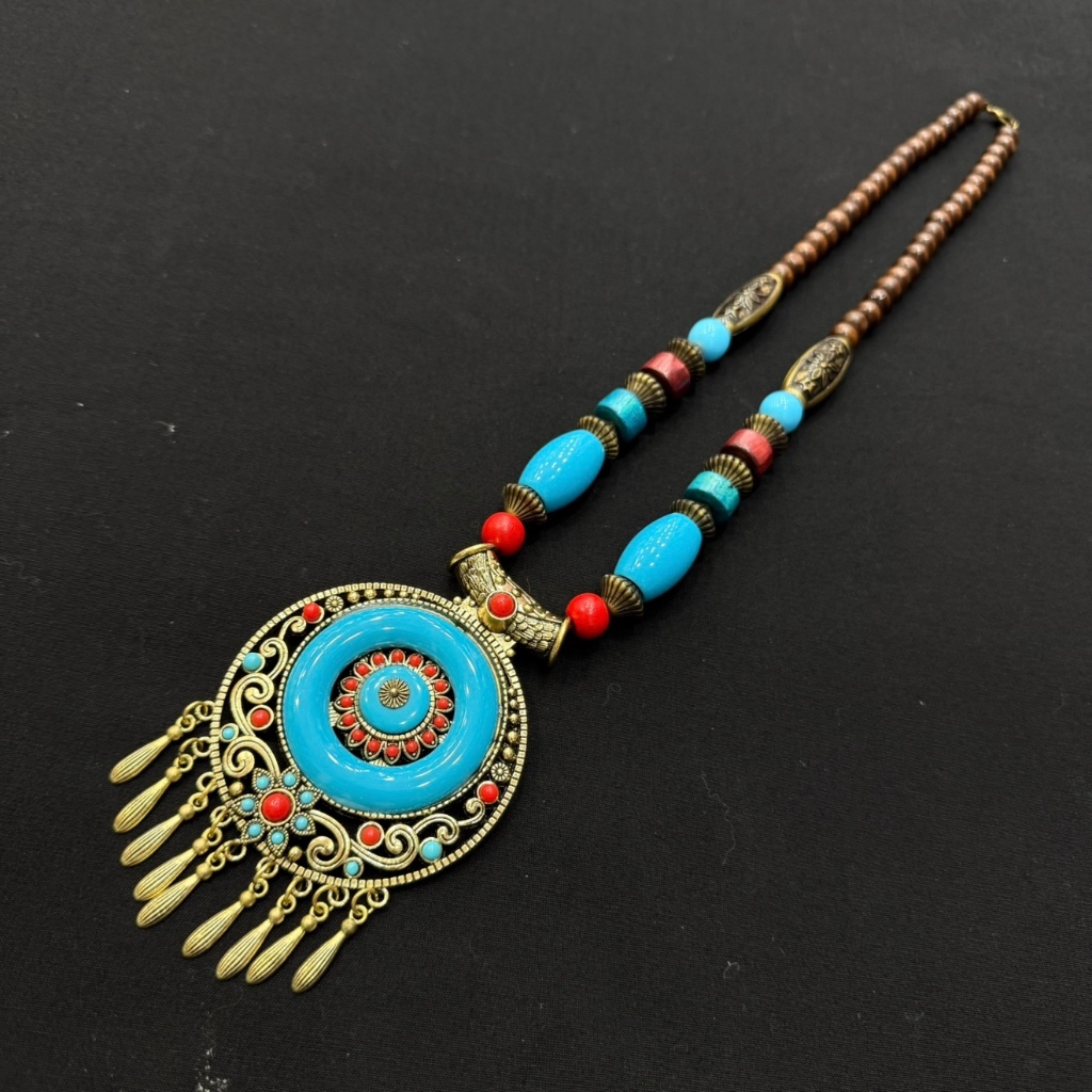 Accessories สร้อยคอชาติพันธุ์ จี้หินยิปซีทรงหยดน้ำ  ประดับพู่ สไตล์วินเทจ หลากหลายสี โบฮีเมียน ทิเบต