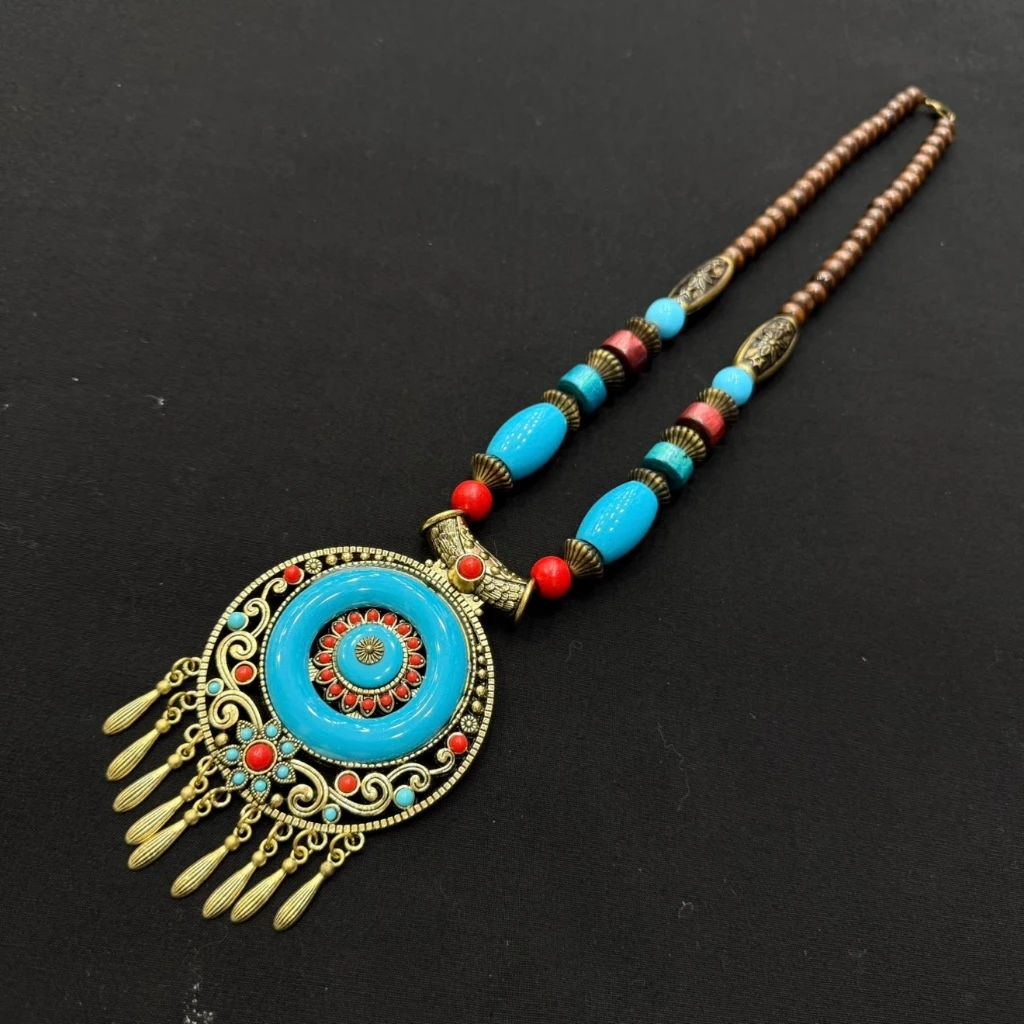 Accessories สร้อยคอชาติพันธุ์ จี้หินยิปซีทรงหยดน้ำ ประดับพู่ สไตล์วินเทจ หลากหลายสี โบฮีเมียน ทิเบต