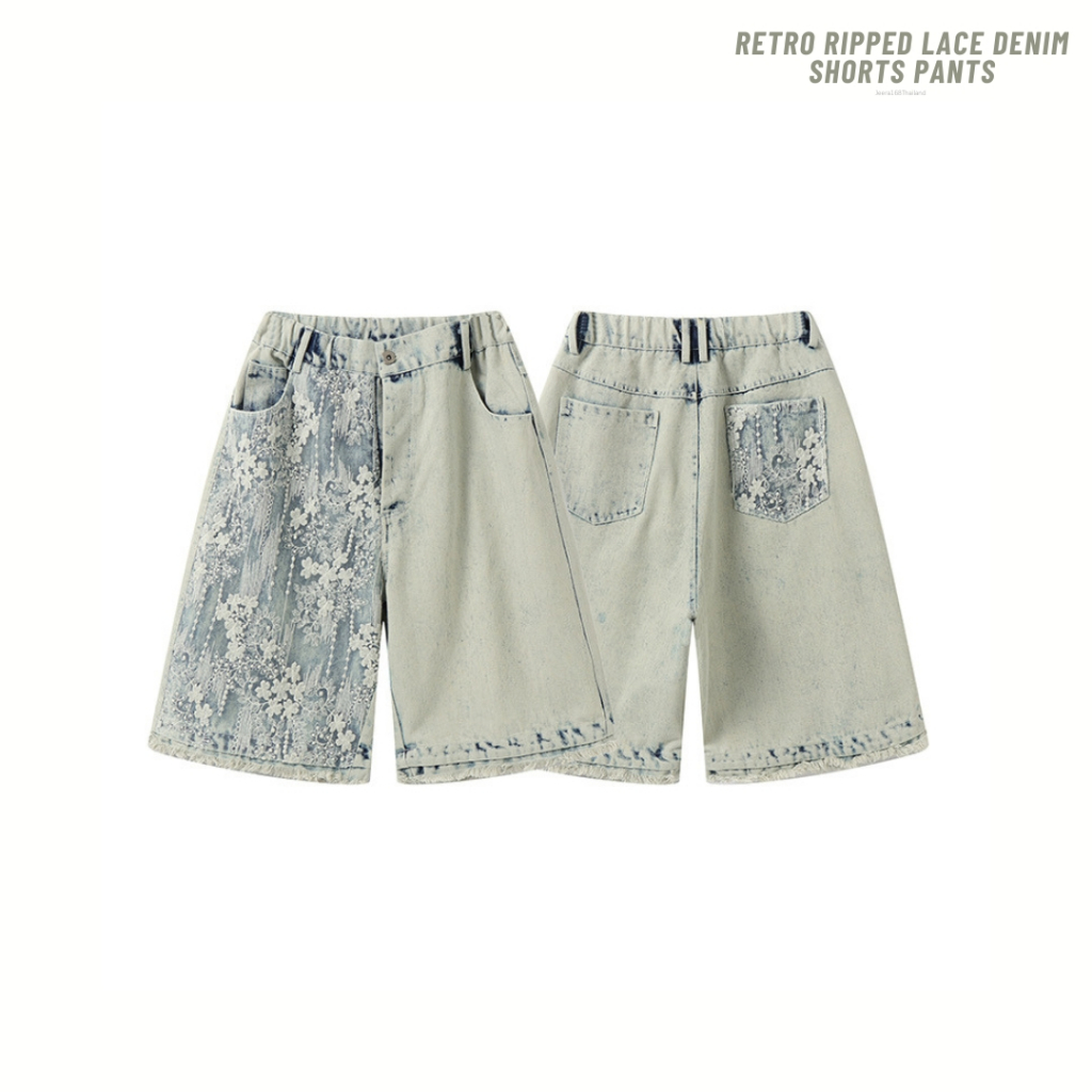Jeera168 | Retro Ripped Lace denim Shorts Pants (พรีออเดอร์)