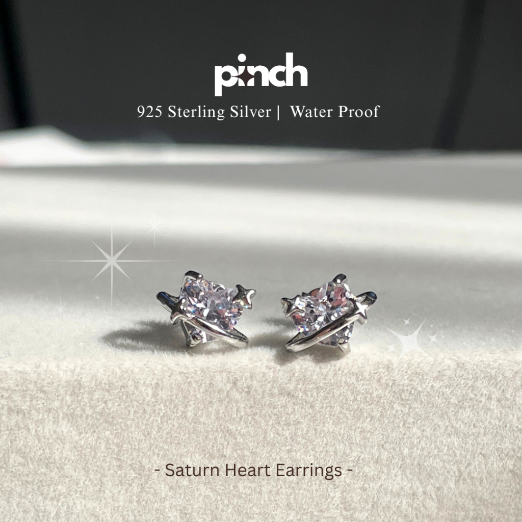 Pinch Saturn Heart Earrings ต่างหูวงแหวนหัวใจ เงินแท้ silver 925