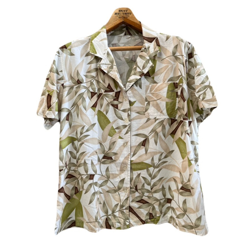 เสื้อฮาวายผู้หญิง อก44/เอว44/ไหล่17/ยาว23 ผ้าคอตต้อน มือสอง งานญี่ปุ่น (Vin58) ซักแล้ว