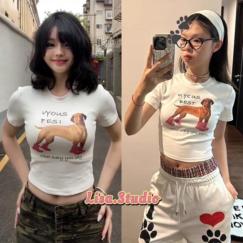 Lisa🐶พร้อมส่ง🐶เสื้อยืดสีขาว เสื้อครอป baby tee เสื้อเบบี้ทีลายการ์ตูนสุนัข เสื้อยืดคอกลม แขนสั้น ทรงรัดรูป สาวอ้วนใส่ได้