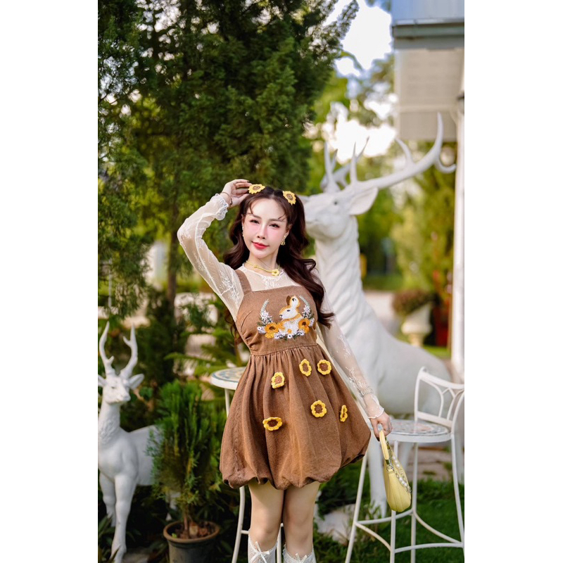 (❌เพิ่มไซส์❌สวยมาก) เดรสสั้น+เสื้อ งานปักลายกระต่าย+เข็มกลัดทานตะวัน ทรงบอลลูน น่ารักมากๆ งานป้าย thanyacha