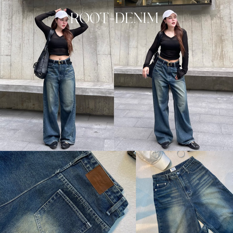ROOTS-DENIM ဂျင်းဘောင်းဘီ ခြေချောင်းကြီး အမဲ/အညိုနက် (High Waist) Blue tag ใหม่ | JEANSBYPAT