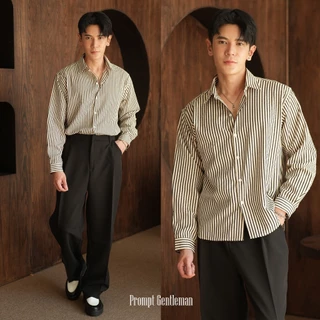 เสื้อเชิ้ตครอปชายโค้ง ลายริ้ว หน้าสั้นหลังยาว Unisex Prompt Semi Crop Stripe Shirt มีไซส์ 40/44/48"