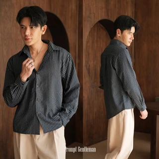 เสื้อเชิ้ตครอปชายโค้ง ลายริ้ว หน้าสั้นหลังยาว Unisex Prompt Semi Crop Stripe Shirt มีไซส์ 40/44/48"