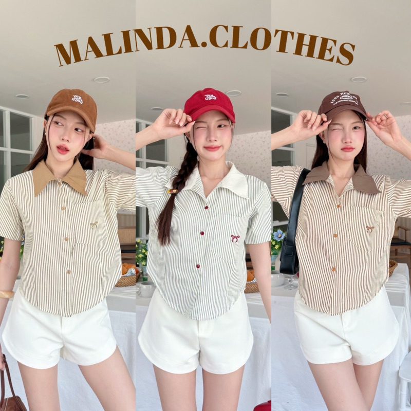 MALINDA เสื้อเชิ้ตแขนสั้น คอปกทูโทนลายริ้ว กระดุมหน้า 🐈‍⬛⸝⋆ พร้อมส่ง