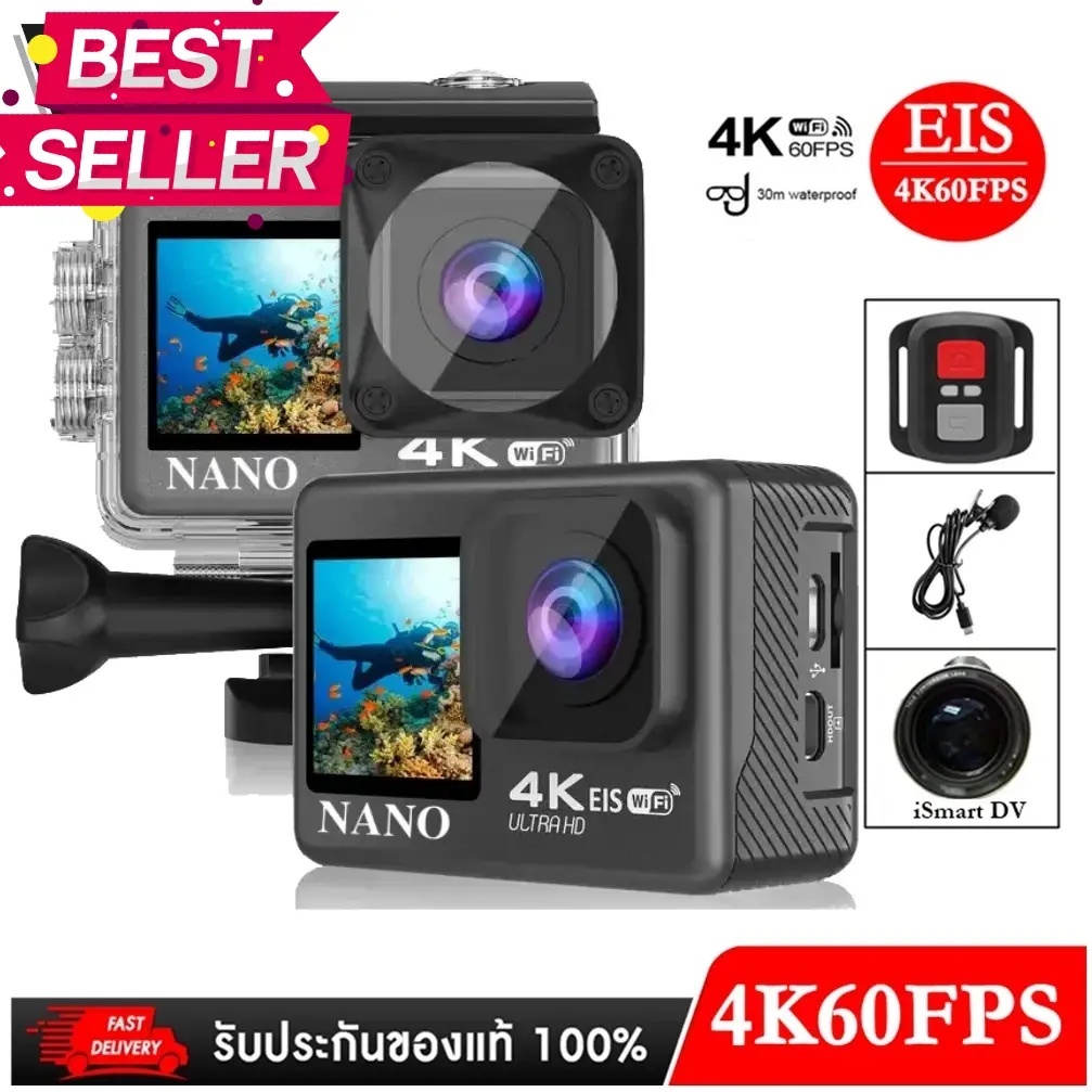 Nanotech กล้องกันน้ำ ถ่ายใต้น้ำ พร้อมรีโมท ระบบกันสั่นครบ 4K Ultra HD waterproof WIFI แถมฟรี ไมค์และรีโมท - สีดำ 4K