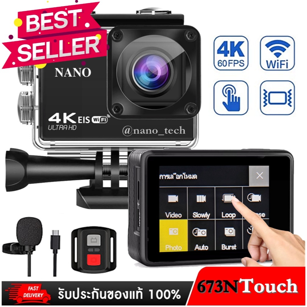 Nanotech กล้องกันน้ำ ถ่ายใต้น้ำ พร้อมรีโมท ระบบกันสั่นครบ 4K Ultra HD waterproof WIFI แถมฟรี ไมค์และรีโมท - สีดำ 4K