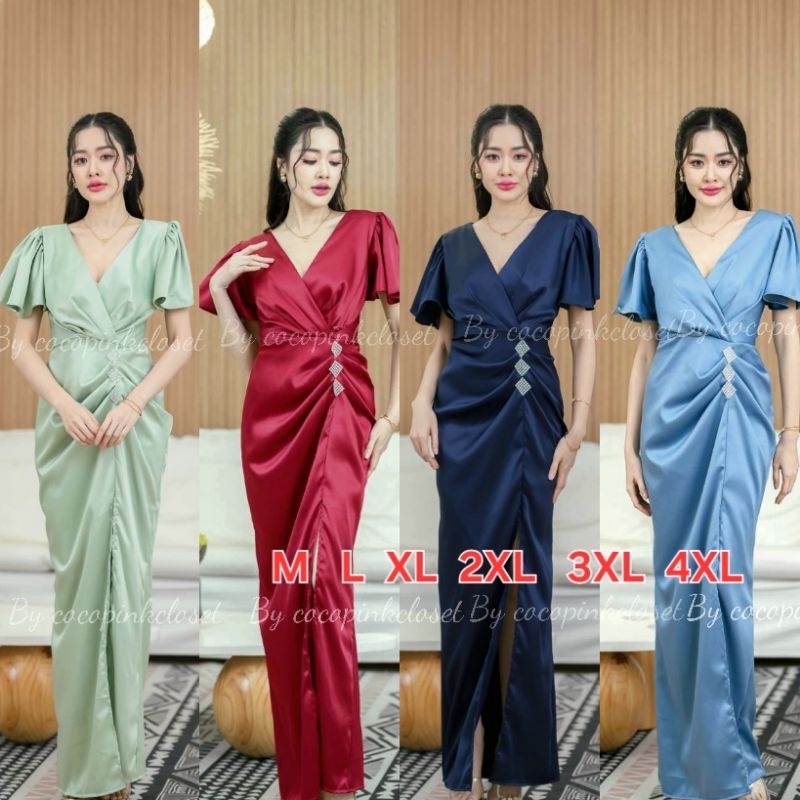 ❤️C002:มีM-4xlชุดเดรสยาวชุดราตรีออกงานแขนกระดิ่งพรางต้ต้นแน คอป้ายหน้าคอวีตัวชุดแต่งป้ายหน้าพรางหน้าท้องพรางหุ่นผ่าข้าง