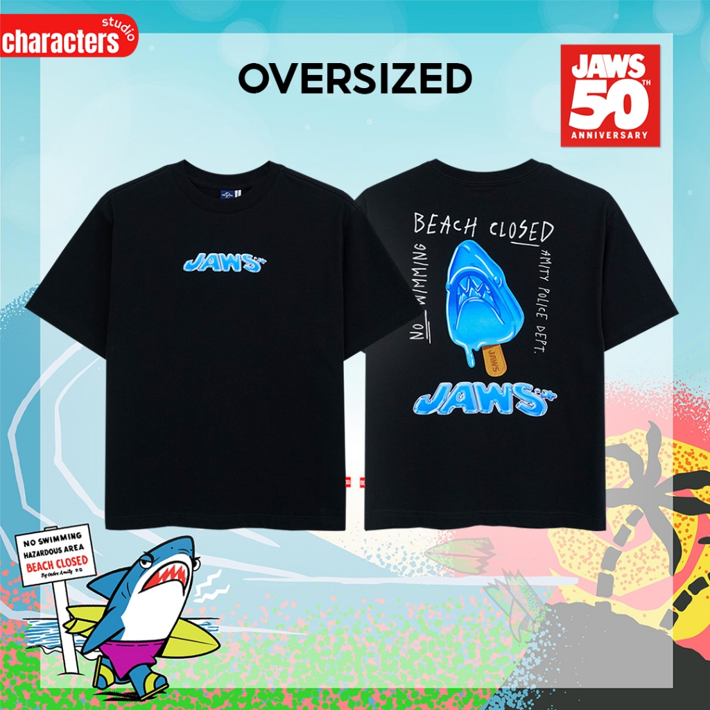 Universal Studios เสื้อยืดผู้ชายโอเวอร์ไซส์ ลายจอว์ส ผ้าCotton 100% สินค้าลิขสิทธิ์แท้ Characters Studio