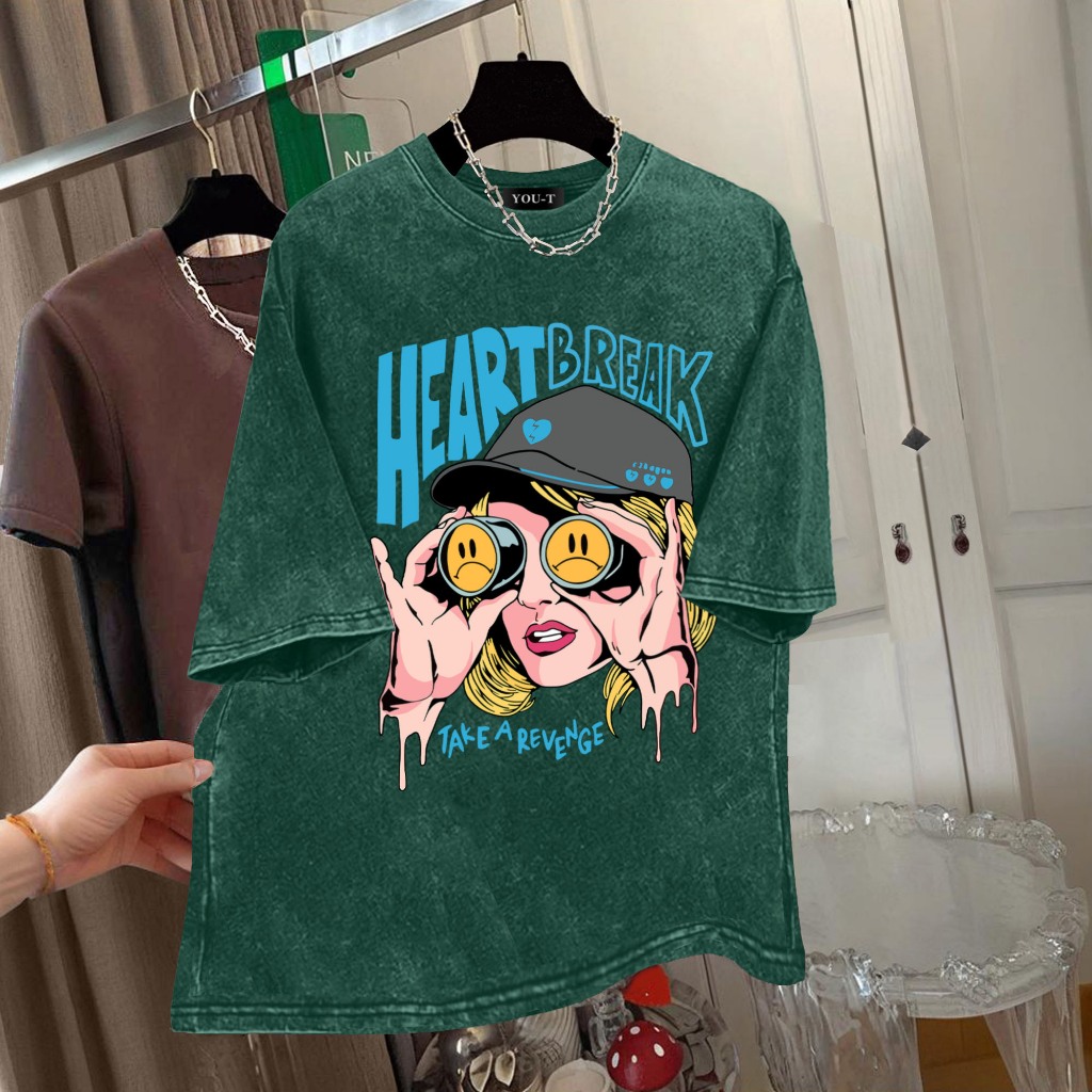 Top.street เสื้อยืด oversize 'HEART BREAK GIRL' แขนสั้น t shirt cotton แฟชั่น สไตล์เกาหลี เสื้อฟอก สีดำ 3XL