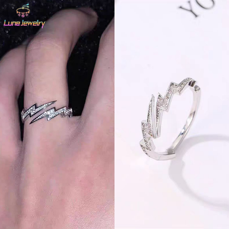 COD💖แหวน ลายสายฟ้า สไตล์ฮิปฮอป พังก์ ประดับเพชรเทียม s925 แหวนนิ้ว แฟชั่น การเปิด ปรับได้ คู่รัก-Lune