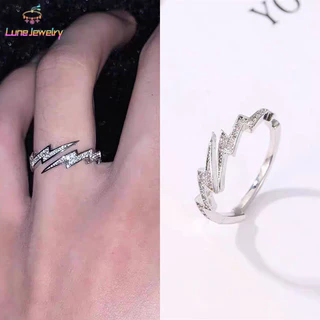 COD💖แหวน ลายสายฟ้า สไตล์ฮิปฮอป พังก์ ประดับเพชรเทียม s925 แหวนนิ้ว แฟชั่น การเปิด ปรับได้ คู่รัก-Lune
