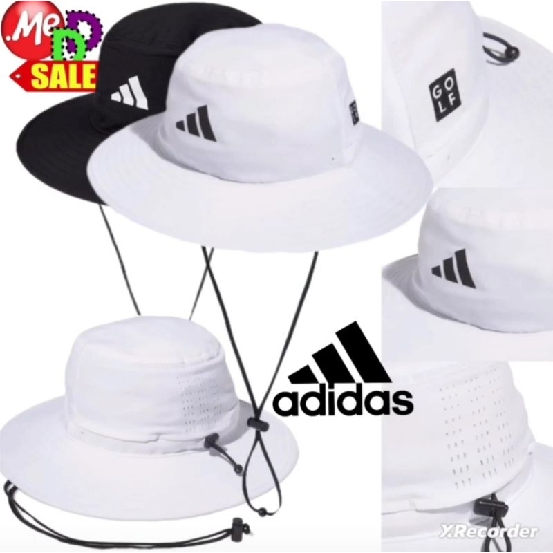 Adidas - ใหม่ หมวกกอล์ฟปีกกว้าง มีเชือกปรับความกระชับ แตรูระบายเป็นแถบ 3-Stripes  Adidas Wide-Brim G