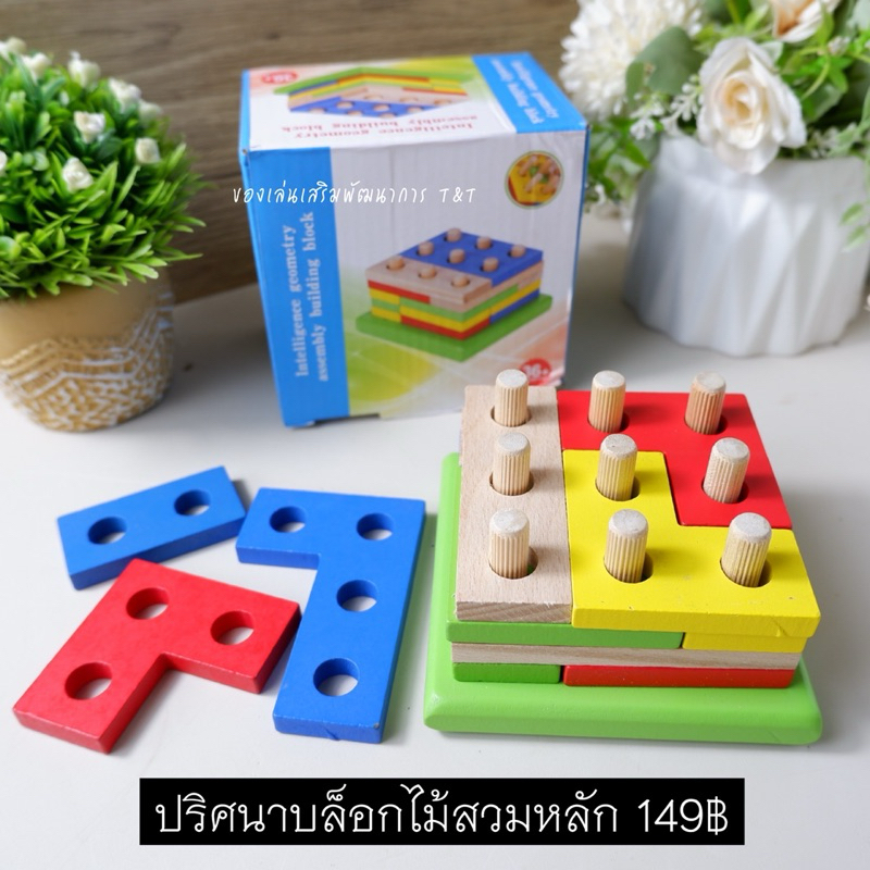 T149 ของเล่นไม้ฝึกสมอง ฝึกการแก้ปัญหา บล็อกไม้ 15 ชิ้น สวมหลัก 5 ชั้น