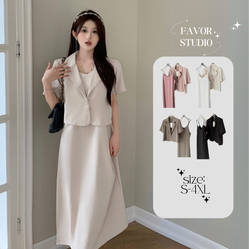 【S-5XL】ชุดเซตเดรสยาว+เสื้อคลุมเบลเซอร์ สไตล์วินเทจ เรียบหรู ใส่ทำงานและออกงาน เดรสสาวอวบ พลัสไซซ์