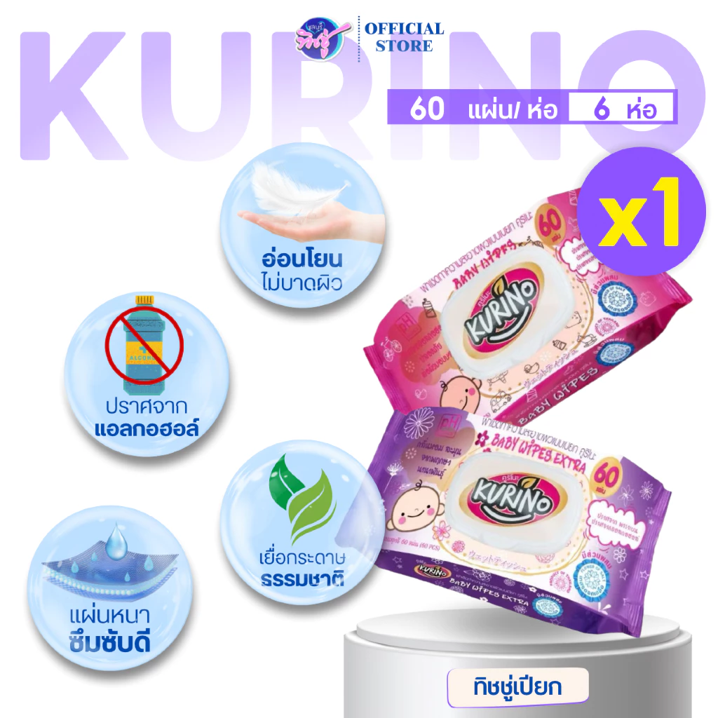 [เซท 6 ห่อ] KURINO คุริโนะ กระดาษทิชชู่เปียก ห่อละ 60 แผ่น สูตรอ่อนโยน สำหรับเด็ก