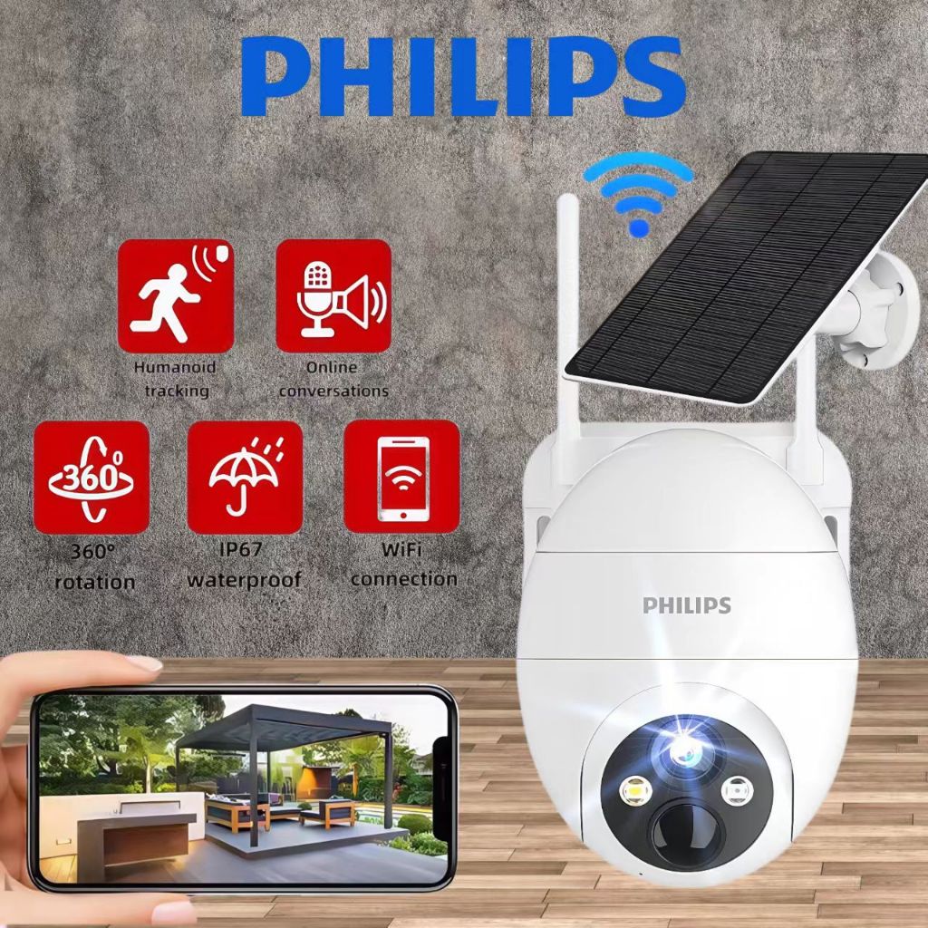 PHILIPS Solar CCTV 5MP Wifi กล้องวงจรปิด พลังงานแสงอาทิตย์ กล้องวงจรปิดกันน้ำ รับประกันหนึ่งปี