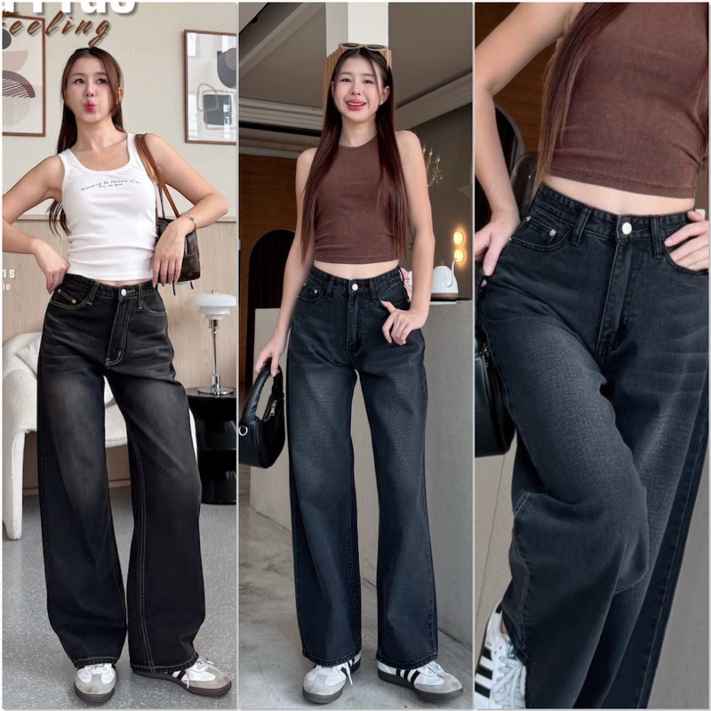 กางเกงยีนส์ baggy jeans ขากระบอกใหญ่ สีดำฟอก / ดำสนิม S-38”