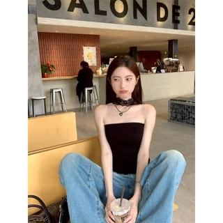Vogue🌟พร้อมส่ง🌟 เสื้อเกาะอก คล้องคอลูกไม้ ผ้าไหมพรม สีพื้น (Z-CR15)