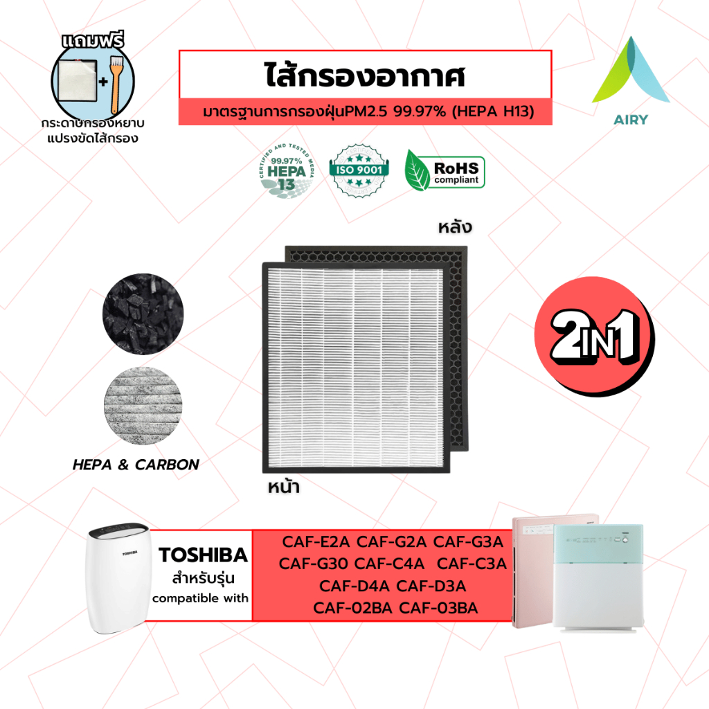 Toshiba CAF-E2Aไส้กรองอากาศ ไส้กรอง PM2.5 ฝุ่น กลิ่น ไวรัส อากาศ แบคทีเรีย (H13 เกรดการแพทย์)