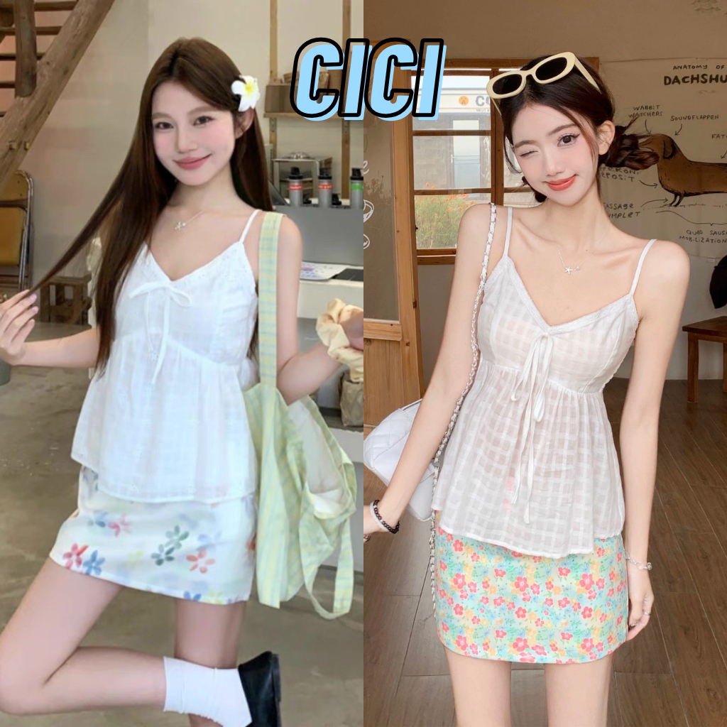 ส่งทันที Cici(NO.Y6290) สายเดี่ยวสีขาวผ้าฝ้าย สายปรับได้ สม็อคหลัง ดีเทลแต่งลายลูกไม้ตรงขอบ สไตล์สาวน่ารักๆ