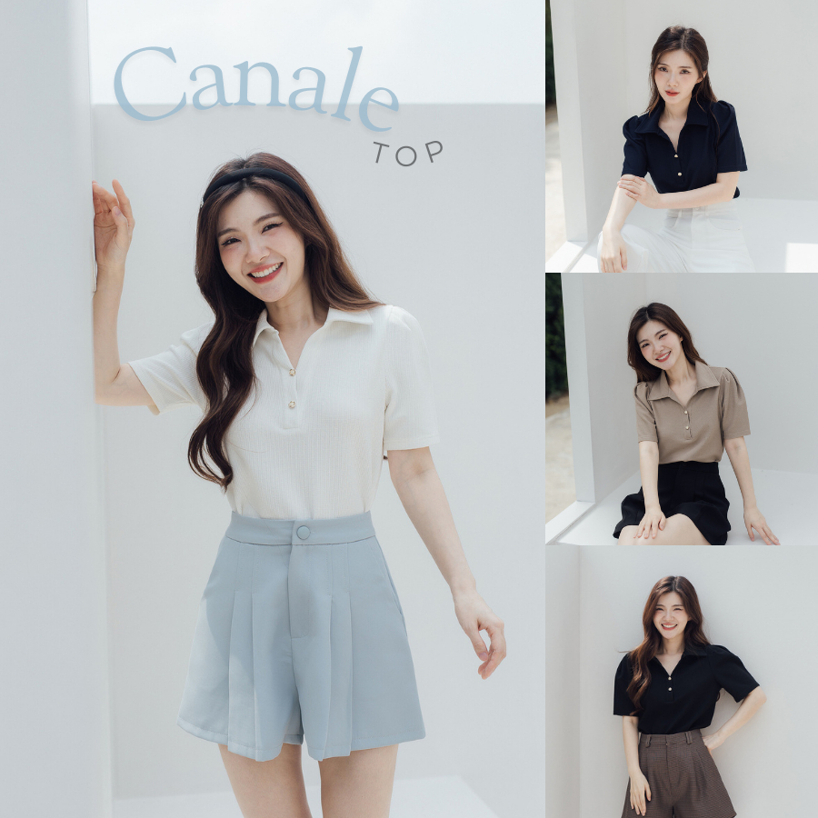 Onceandtwice | Canale Top 🥨 เสื้อเชิ้ตคอปกแขนสั้น ดีเทลจั๊มแขนตุ๊กตา ผ้ายืดฉลุลายวาฟเฟิล ใส่สบาย 💘