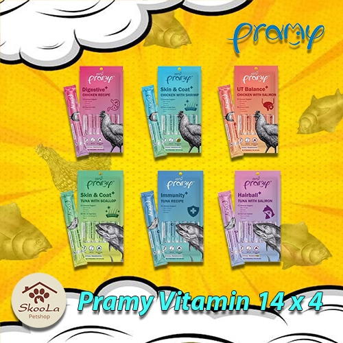 ขนมแมวเลีย Pramy ผสมวิตามิน ขนมแมวเลียเหมาะสำหรับทุกช่วงวัย แพ็ค 14x4 ต่อซอง
