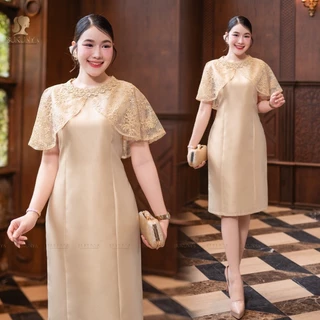 Sukunya [6415]ชุดเดรสผ้าไหมแต่งลูกไม้ ตัดเย็บพรีเมี่ยม